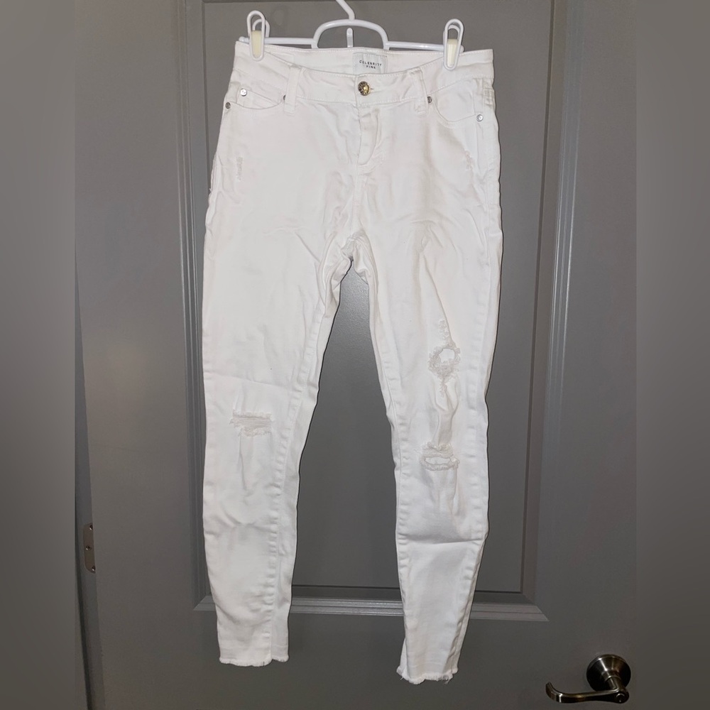 Distressed, white denim jeans